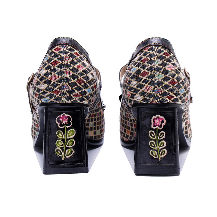 Women's Vintage T-strap Plaid Patchwork Floral Mary Jane High Heels