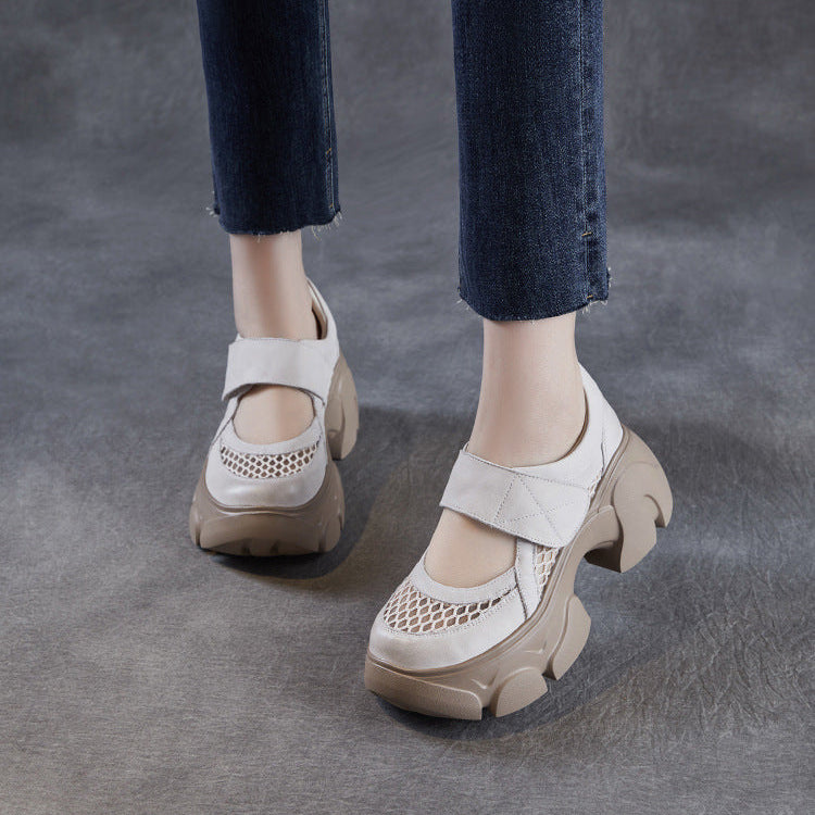 Women's Leather Platform Mary Janes - Mesh Hollow Out Breathable Closed Chunky Sole Sneakers with Velcro