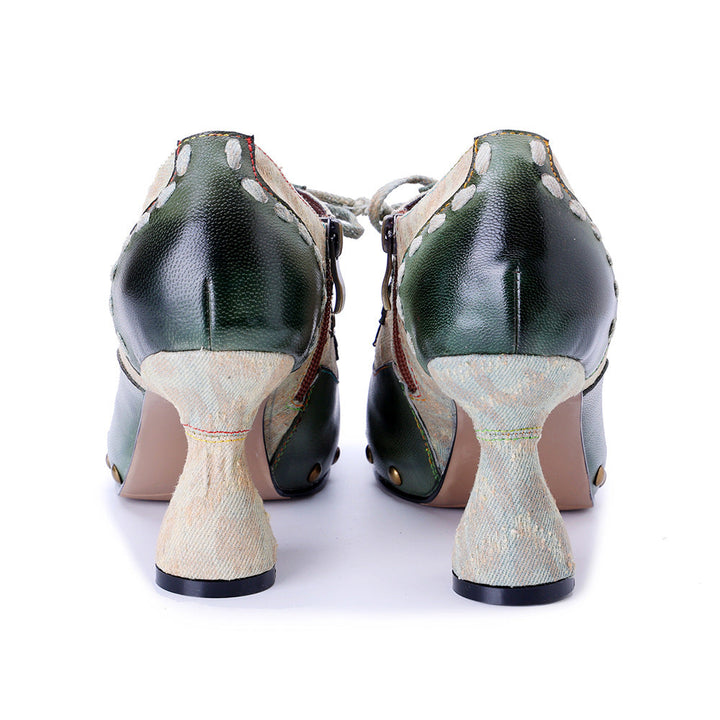 Vintage Inspired Leather Heeled Oxfords for Women - Studded Pointed Toe Lace-up Shoes