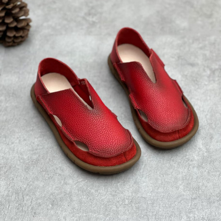 Women's Soft Pebble Grain Leather Loafers - Cut-Out Closed Round Toe Slip-On Flat Sandals Comfort Walking Shoes