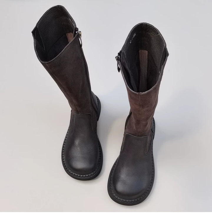 Women's Wide Toe Box Vintage Leather Suede Patchwork Knee-High Boots Wide Fit Flat Riding Boots
