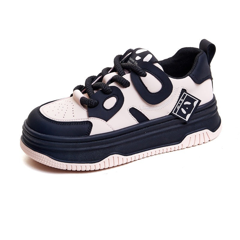 Womens Leather Cute Platform Panda Lace Up Sneakers