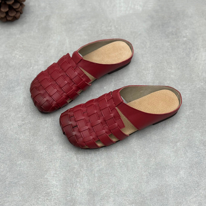Women's Artisanal Square Toe Leather Woven Mules - Lightweight Unlined Flats