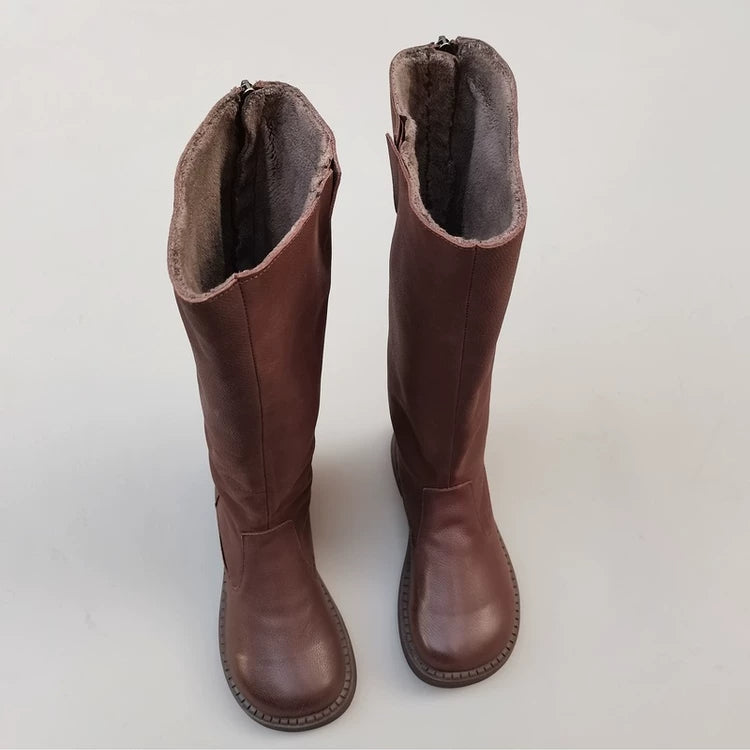 Women's Winter Fleece-lined Wide Toe Box Genuine Leather Knee High Boots British Style Riding Boots