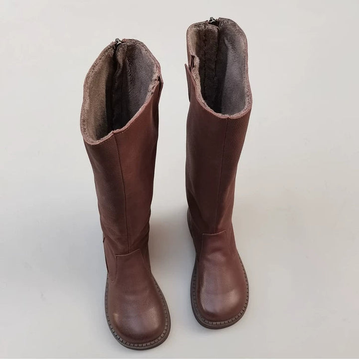 Women's Winter Fleece-lined Wide Toe Box Genuine Leather Knee High Boots British Style Riding Boots