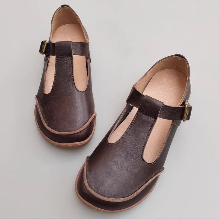 Handmade Vintage Genuine Leather Soft Lightweight T-Strap Mary Jane Shoes for Women