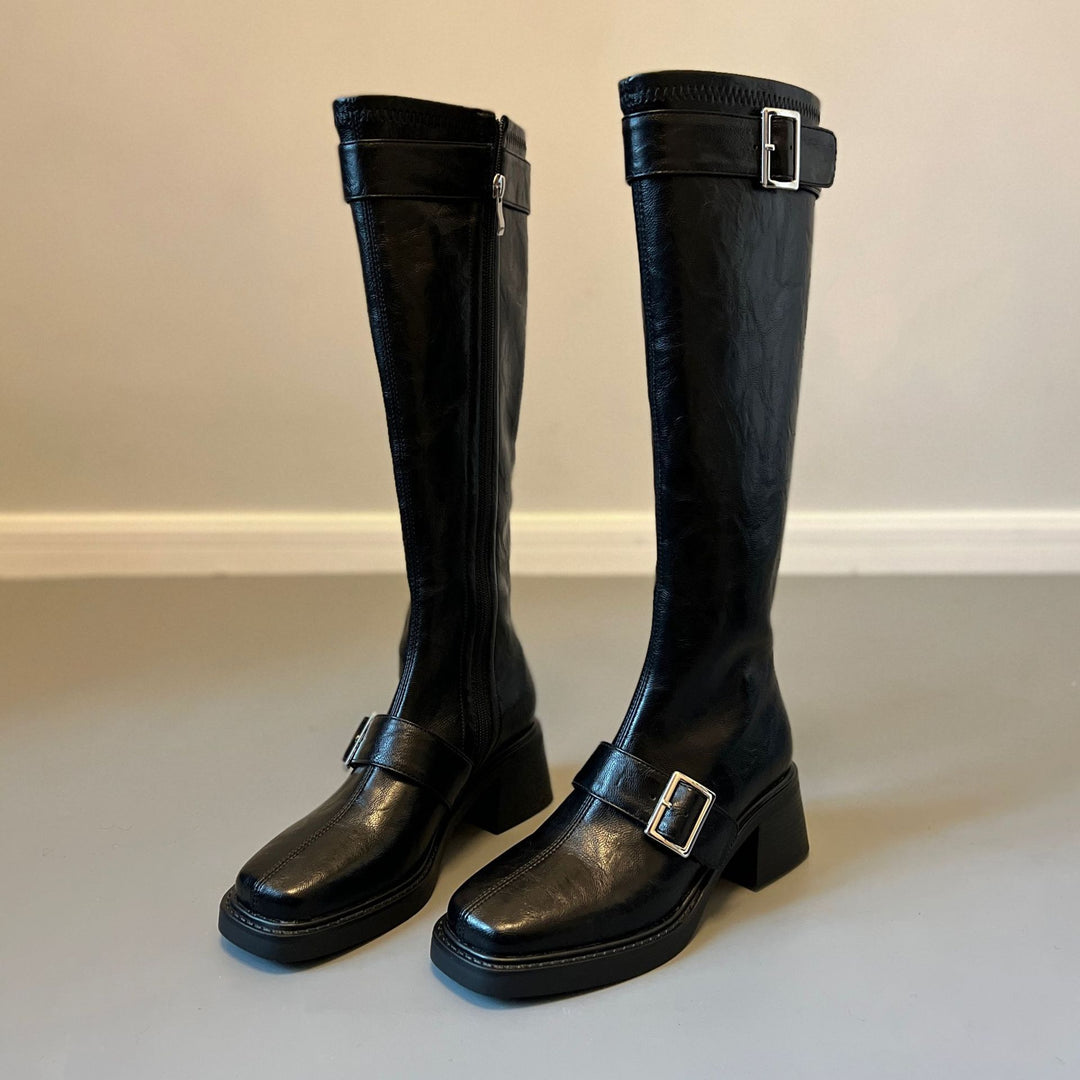 Women's Vintage Knee High Zipper Boots - Square Toe Buckle Strap Chunky Block Heel Riding Boots