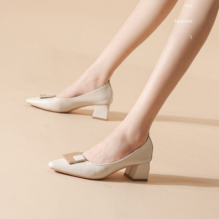 Women's Leather Stylish Medium Heel Pointed Toe Pump