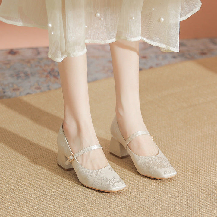 Women's Satin Floral Square Toe Buckle Mid Heel Mary Jane Heel