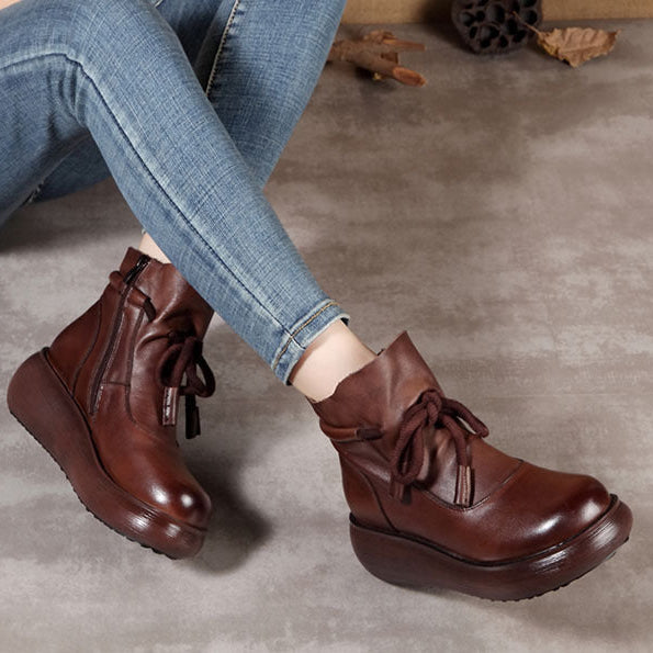 Women's Leather Ankle Boots - Platform Chunky Heel  Booties, Zipper Lace-up Fall Winter Shoes