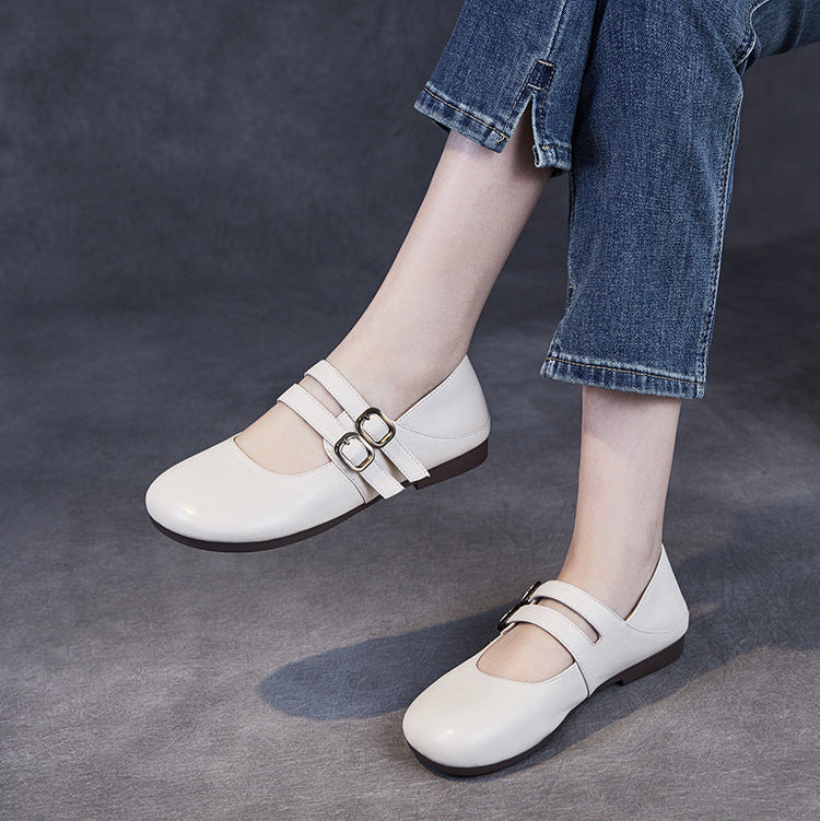 Rounded Toe Comfort Leather Flat Double Strap Mary Jane Women's Shoes