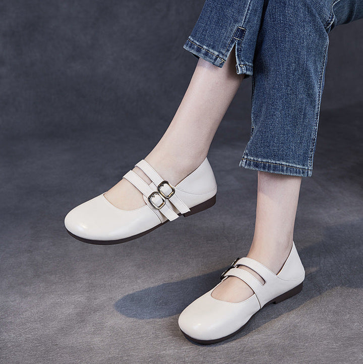 Rounded Toe Comfort Leather Flat Double Strap Mary Jane Women's Shoes