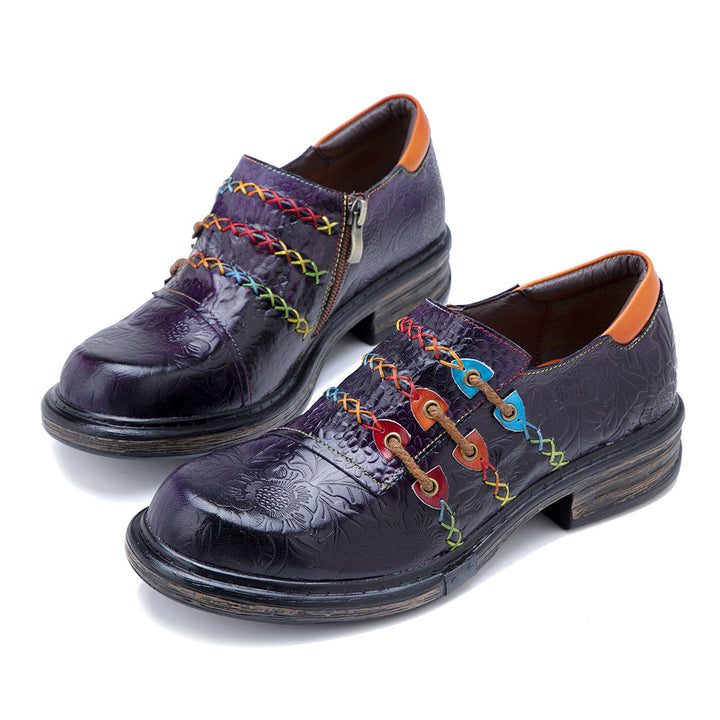 Women's Sheepskin Leather Printed Retro Oxfords Shoes