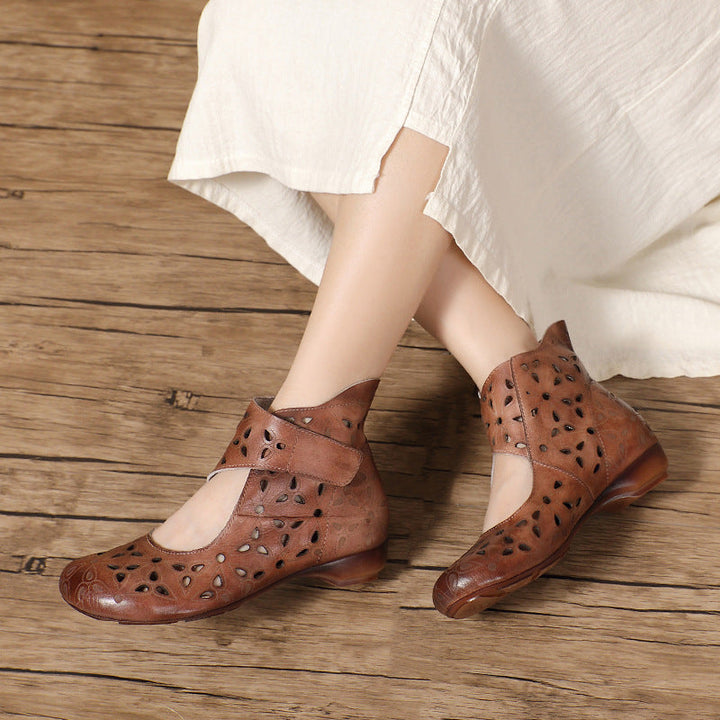 Handmade Leather Cut-Out Sandals - Vintage Bohemian Summer Flats with Adjustable Velcro