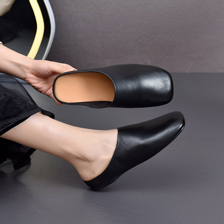 Women's Minimalist Square Toe Leather Slides - Zen Style Summer Mules Flat