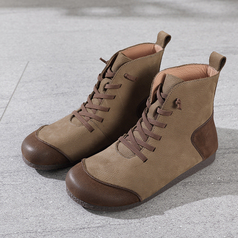 Women's Leather Contrast Panel Ankle Boots - Round-Toe Lace-Up Design