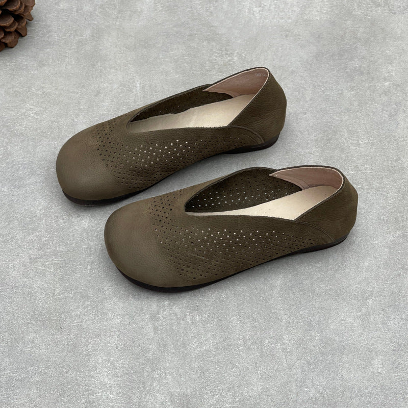 Women's Leather Perforated Loafers Retro V-Neck Slip-On Flats Ballet Flats Vintage Casual Summer Shoes