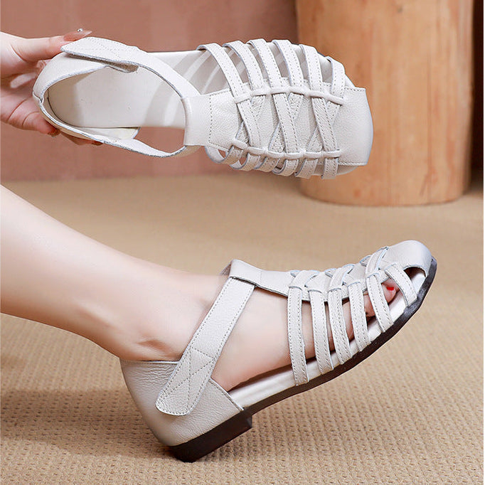 Women's Leather Fisherman Sandals Velcro Woven Summer Hollow-Out Casual Walking Flats