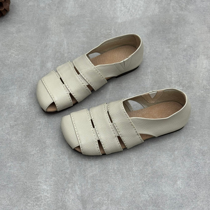Women's Leather Hollow-Out Fisherman Sandals Casual Summer Retro Square Toe Shoes