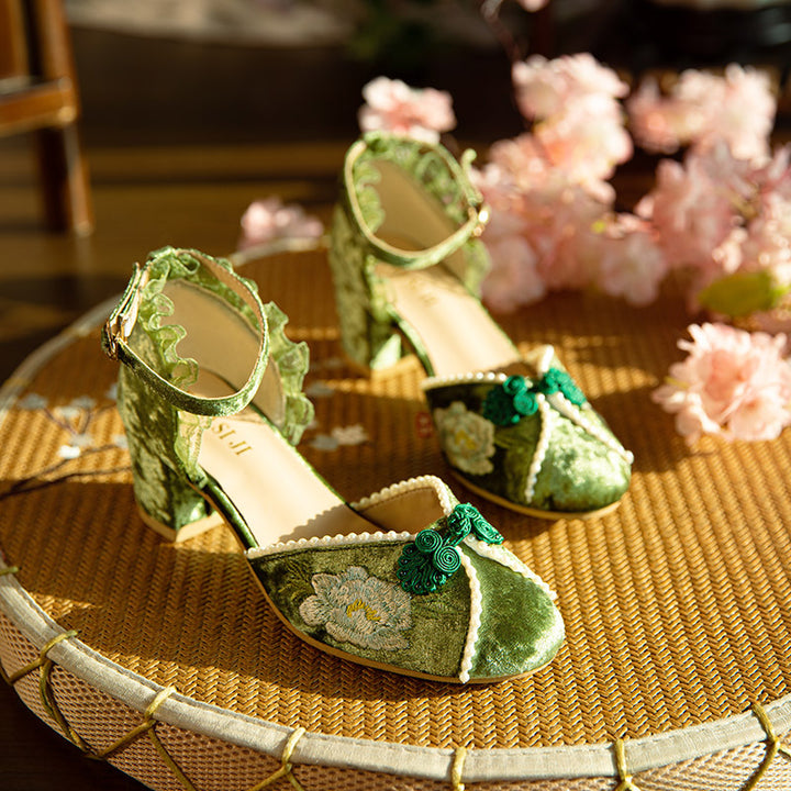 Womens Vintage Embroidery Buckle Mary Janes Heels