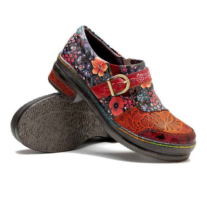 Leather Colorful Flower Patchwork Flat Vintage Boho Brogues Women's Shoes