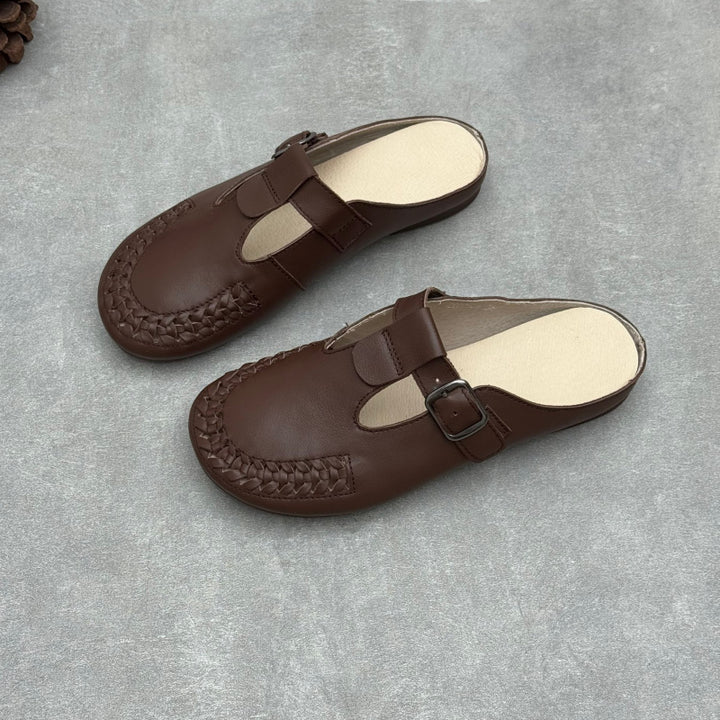 Women's T-Strap Leather Mules Retro Woven Perforated Clogs Barefoot-Friendly Casual Summer Flats