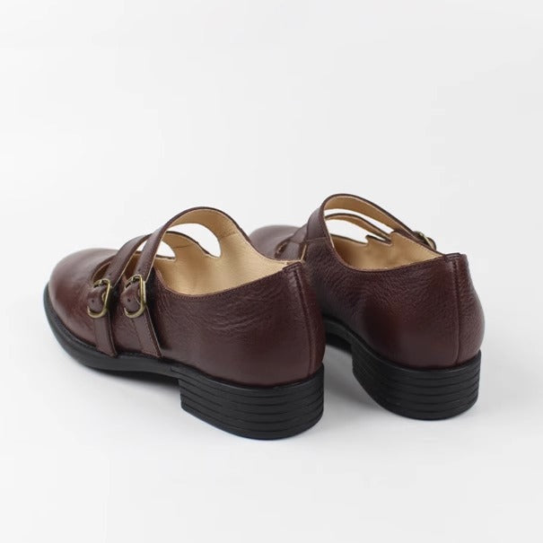 Women's Handmade Leather Classic British Style Double Buckle Mary Jane Shoes