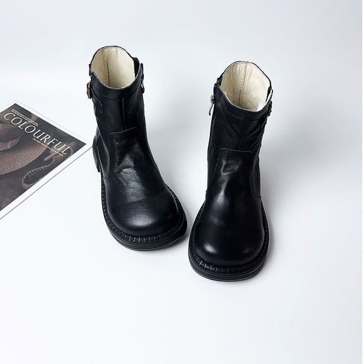 Women's Cowhide Leather Ankle Boots Side Zipper Buckle Strap Casual Low Heel Booties