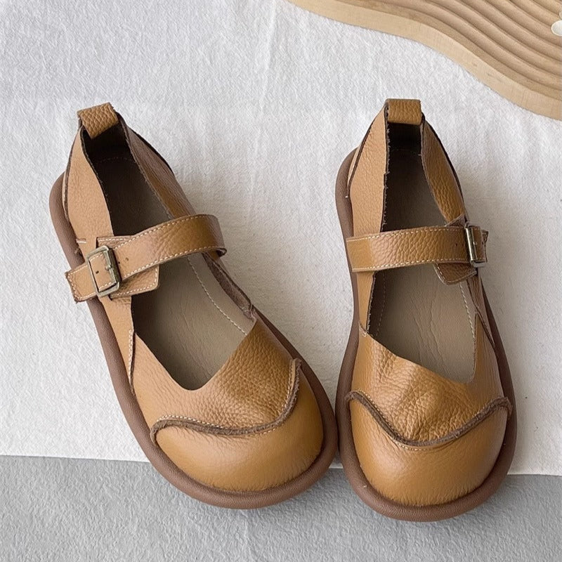 Women's Soft Leather Flat Mary Jane Shoes – Round Toe with Patchwork Design