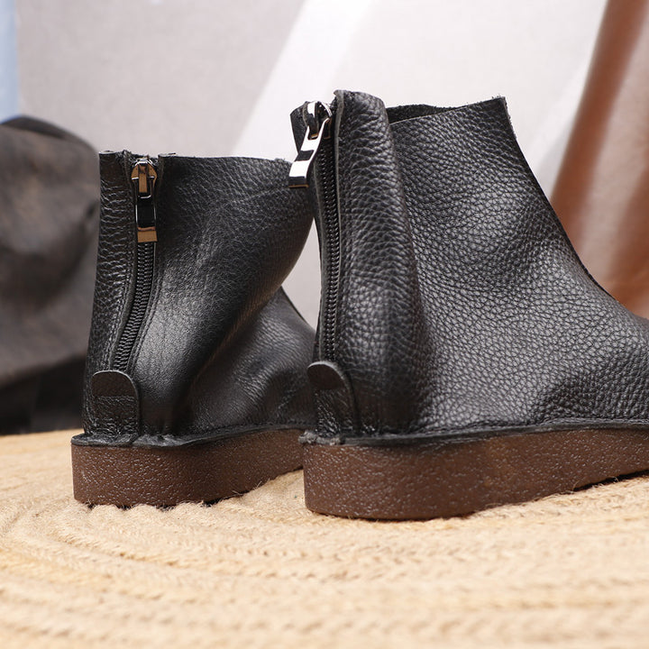 Women's Genuine Leather Ankle Boots Back Zipper Soft Flat Booties Casual Walking Shoes
