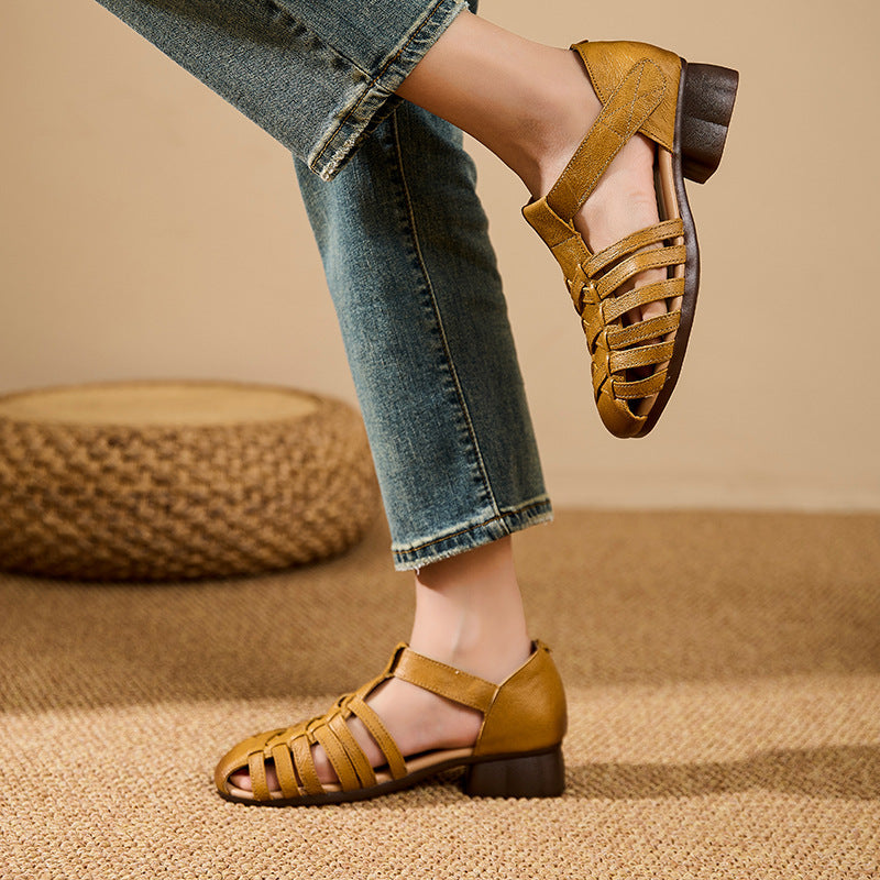 Women's Low Block Heel Fisherman Sandals Velcro Retro Gladiator Woven Strappy Shoes