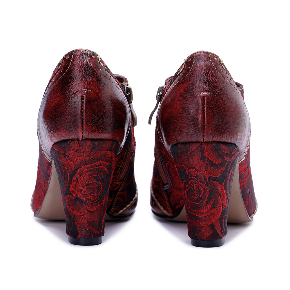 Women's Vintage Floral Sheepskin Oxfords High Heel Lace Up Brogue Booties