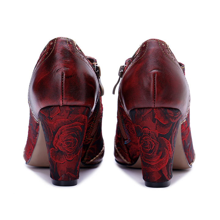 Women's Vintage Floral Sheepskin Oxfords High Heel Lace Up Brogue Booties