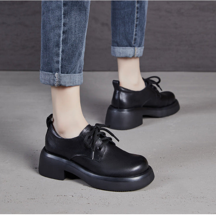 Women's Retro Leather Oxford Shoes Vintage Round Toe Platform Lace-up Chunky Heels