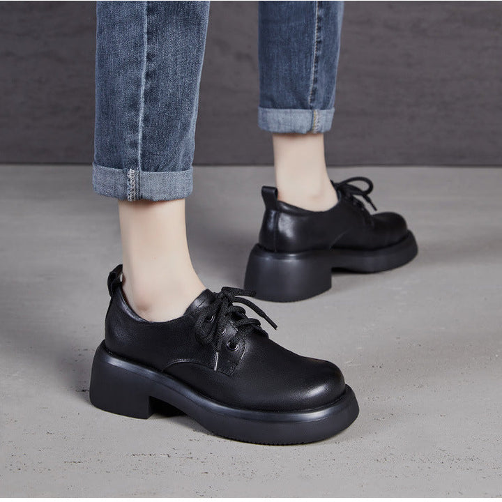 Women's Retro Leather Oxford Shoes Vintage Round Toe Platform Lace-up Chunky Heels