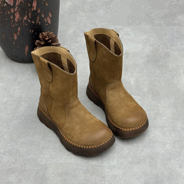 Women's Genuine Leather Mid-Calf Boots Vintage Round Toe Slip-on Winter Shoes