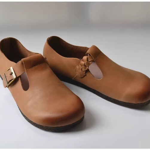 Women's Wide Round-Toe Genuine Leather Soft Flat Casual Shoes