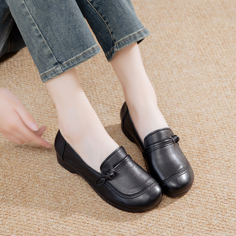 Women's Soft Leather Flats - Vintage Square Toe Drawstring Comfort Walking Shoes