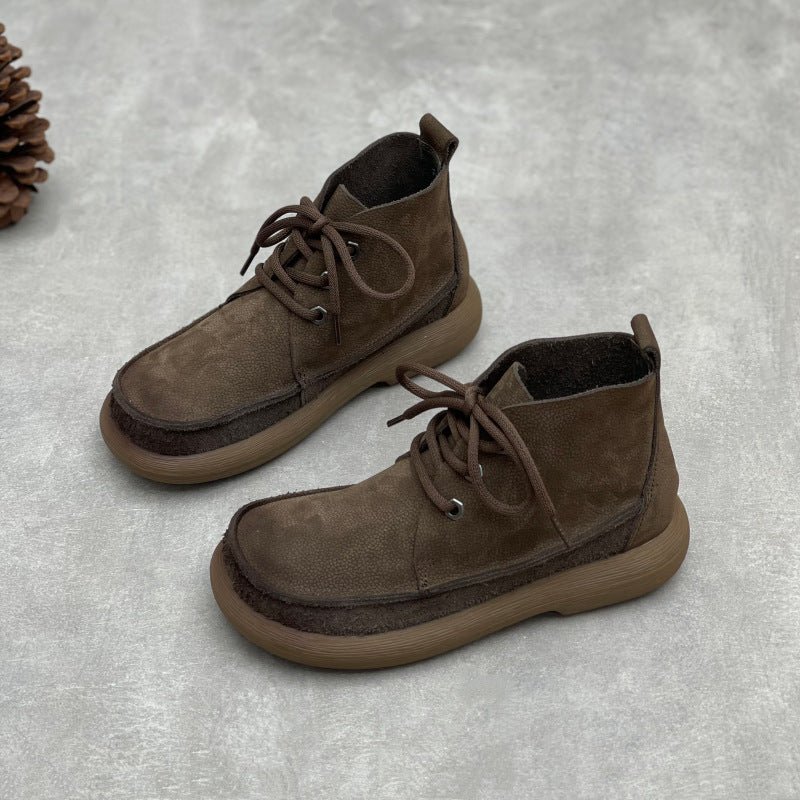 Women's Retro Leather Patchwork Boots – Lace-Up Soft Short Ankle Shoes