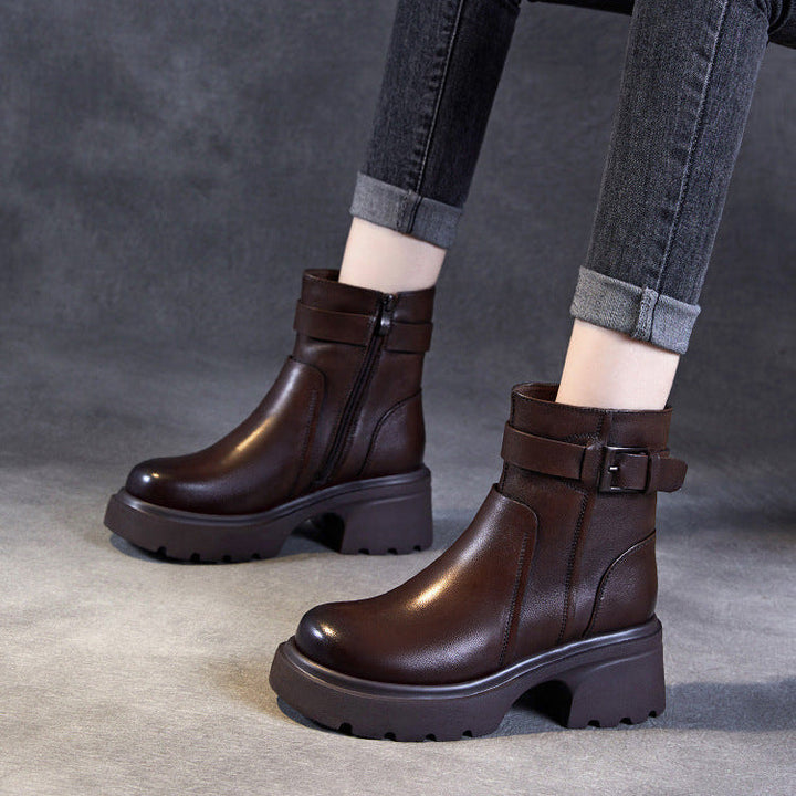 Women's Stylish Genuine Leather Platform Boots – Chunky Heel, Buckle & Side Zip