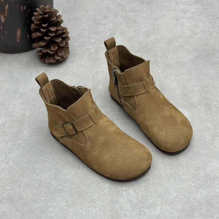 Women's Vintage Top-Grain Leather Ankle Boots Slip On Buckle Strap Flat Booties