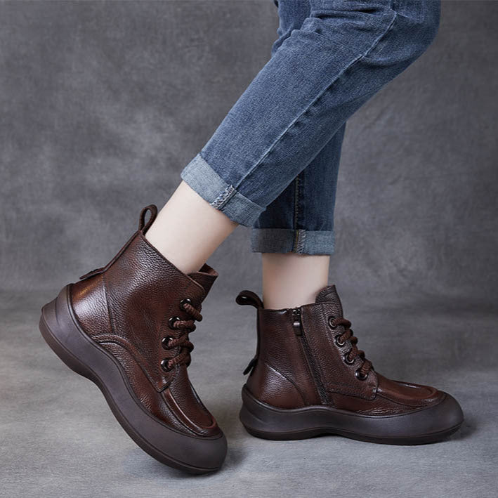Women's Leather Platform Boots – Comfortable Casual Lace-Up Ankle Shoes