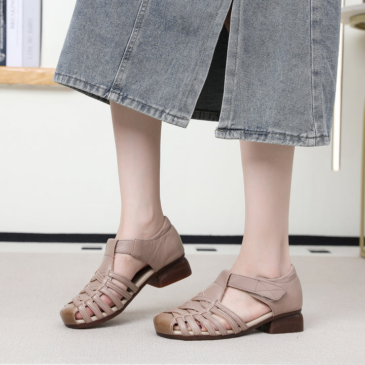 Women's Leather Fisherman Sandals - Vintage Interlocking Woven Closed Round Toe with Velcro