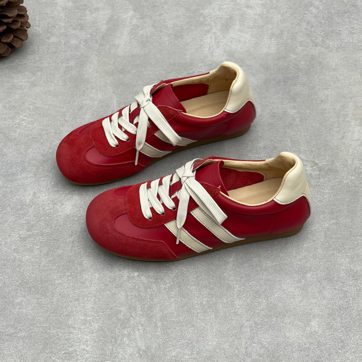 Women's Retro Leather Running Sneakers Vintage Lace-up Unlined Casual Trainer
