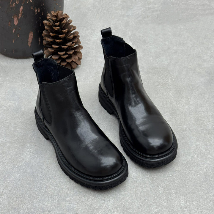 Women's Washed Leather Chelsea Ankle Boots Slip On Low Platform Heel Booties