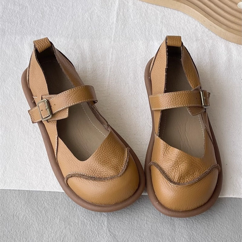 Women's Soft Leather Casual Flat Mary Jane Shoes with Buckle