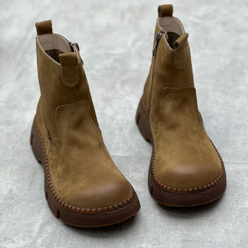 Women's Leather Side Zipper Platform Boots – Comfortable & Casual