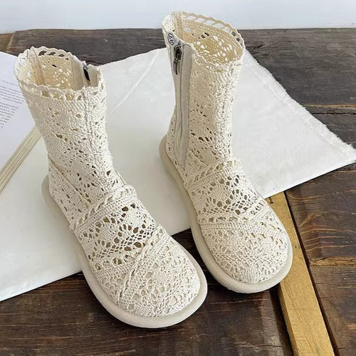 Women's Summer Literary Style Lace Side Zipper Wide Toe Box Short Boots