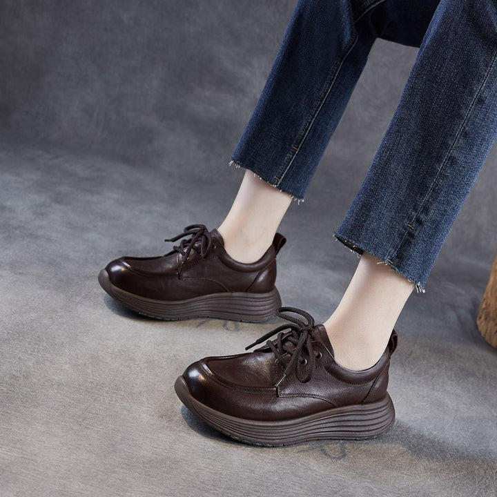 Women’s Leather Lace-Up Platform Wedge Shoes – Retro Non-Slip Casual Style