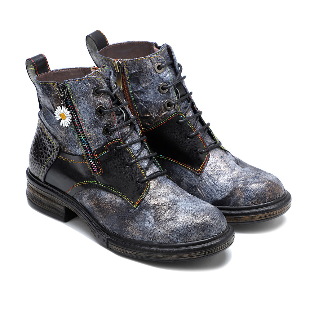 Floral Print Combat Boots for Women - Leather Lace-up Booties with Side Zipper